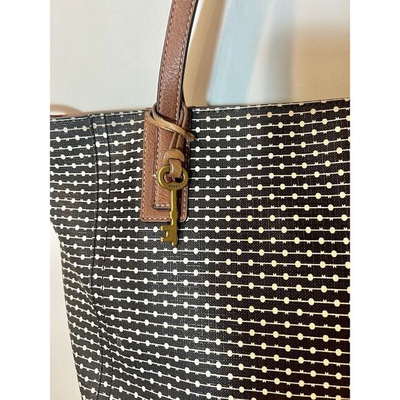 Fossil Rachel Leather Black Striped Tote Purse, Leather, Key Charm, Classic Bag - Picture 4 of 11